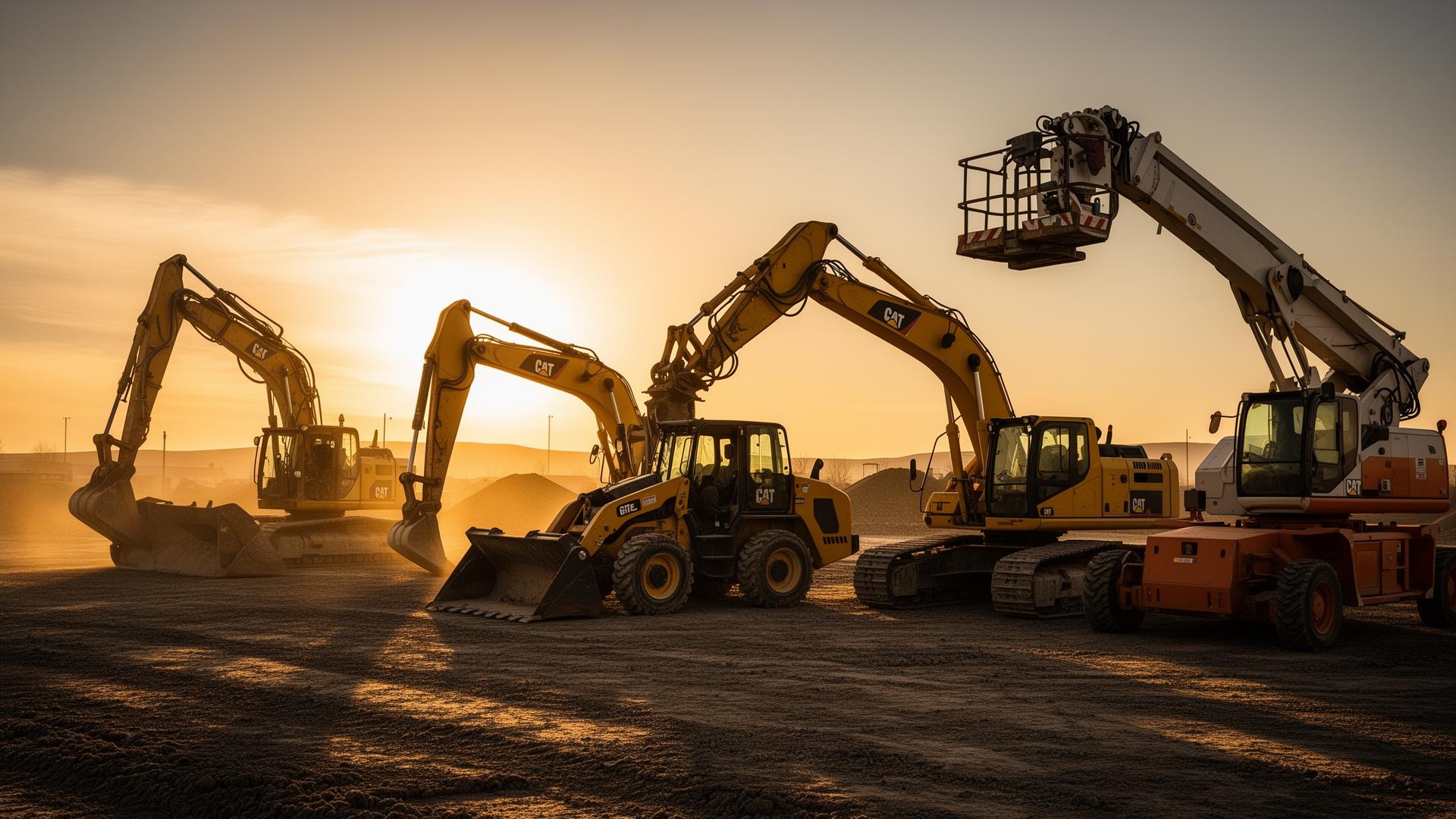 Construction equipment lineup at sunset